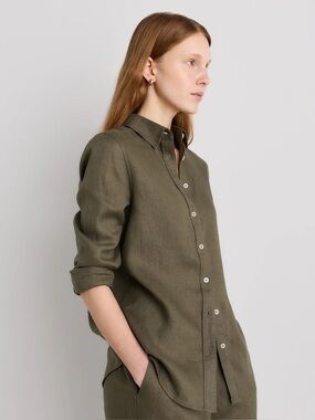 Quince 100% European Linen Long Sleeve Shirt in Martini Olive